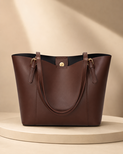 Brown leather tote bag on a beige background