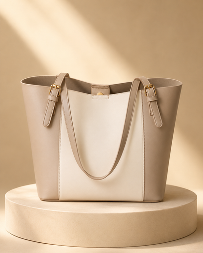 Beige and white tote bag on a beige platform with a soft focus background