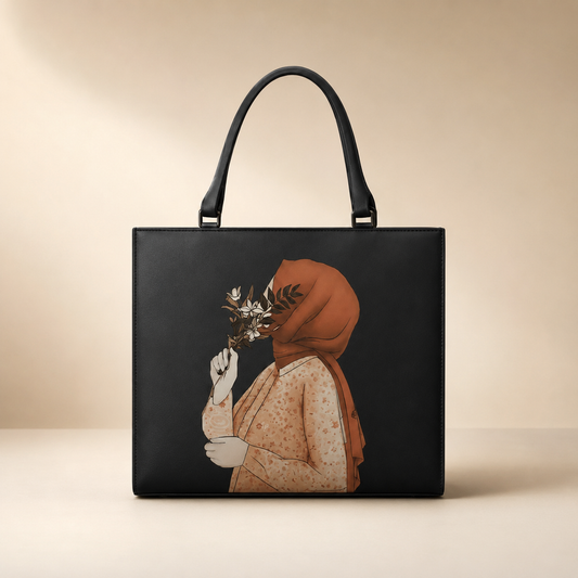 Black handbag with artistic design of a person wearing a headscarf and holding flowers on a beige background