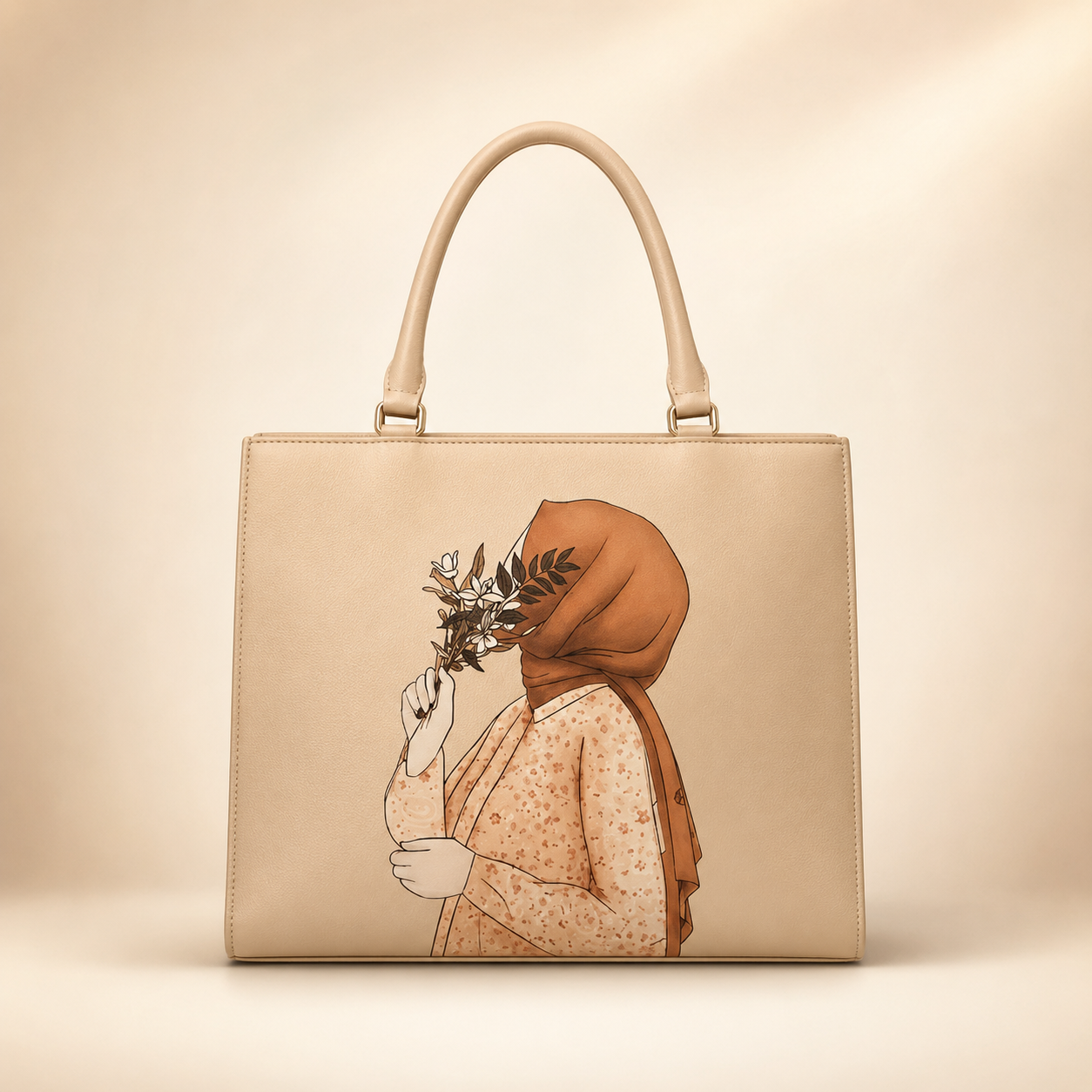 Beige handbag with an illustration of a woman wearing a hijab and holding flowers on a beige background