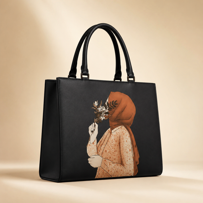 Black handbag with artistic design of a person holding flowers on a beige background