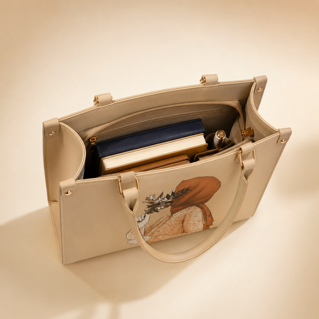 Beige handbag with a floral design on a beige background