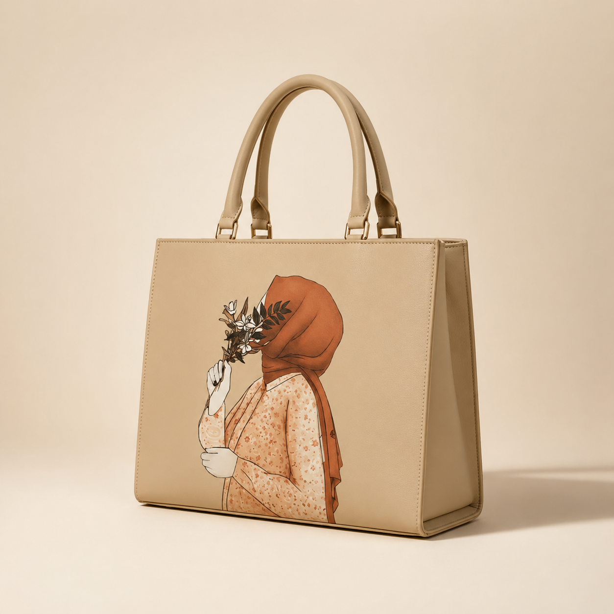 Beige handbag with artistic design of a person wearing a headscarf on a beige background