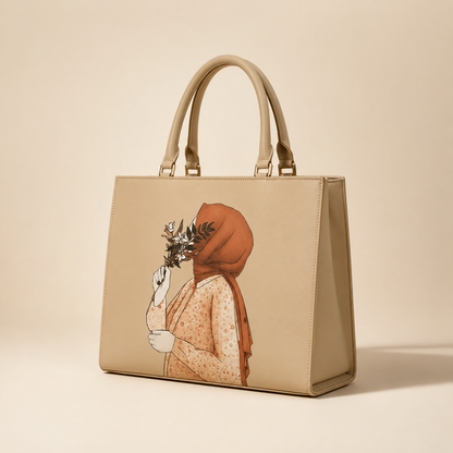 Beige handbag with artistic design of a person wearing a headscarf on a beige background