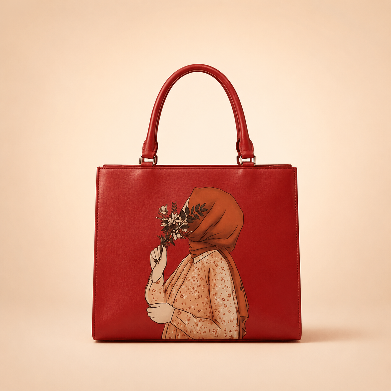 Red handbag with an illustration of a woman holding flowers on a beige background