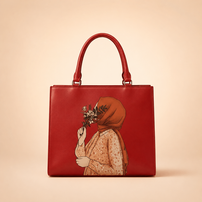Red handbag with an illustration of a woman holding flowers on a beige background