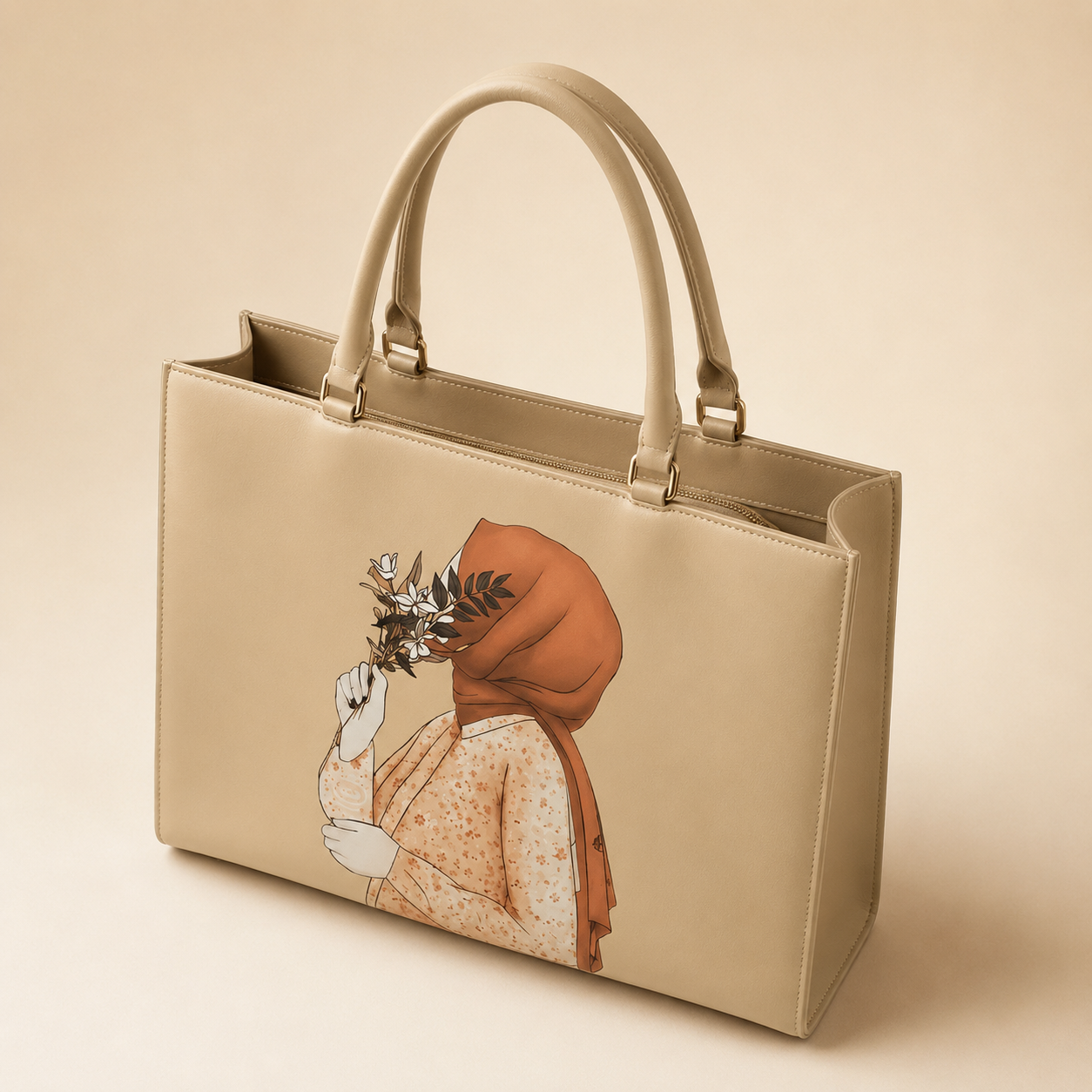 Beige handbag with artistic design of a person holding flowers on a beige background