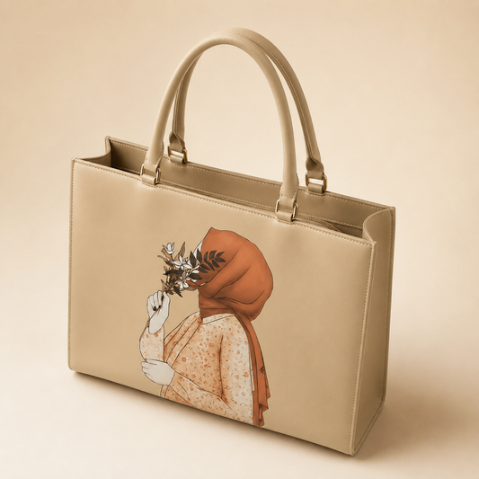 Beige handbag with artistic design of a person holding flowers on a beige background