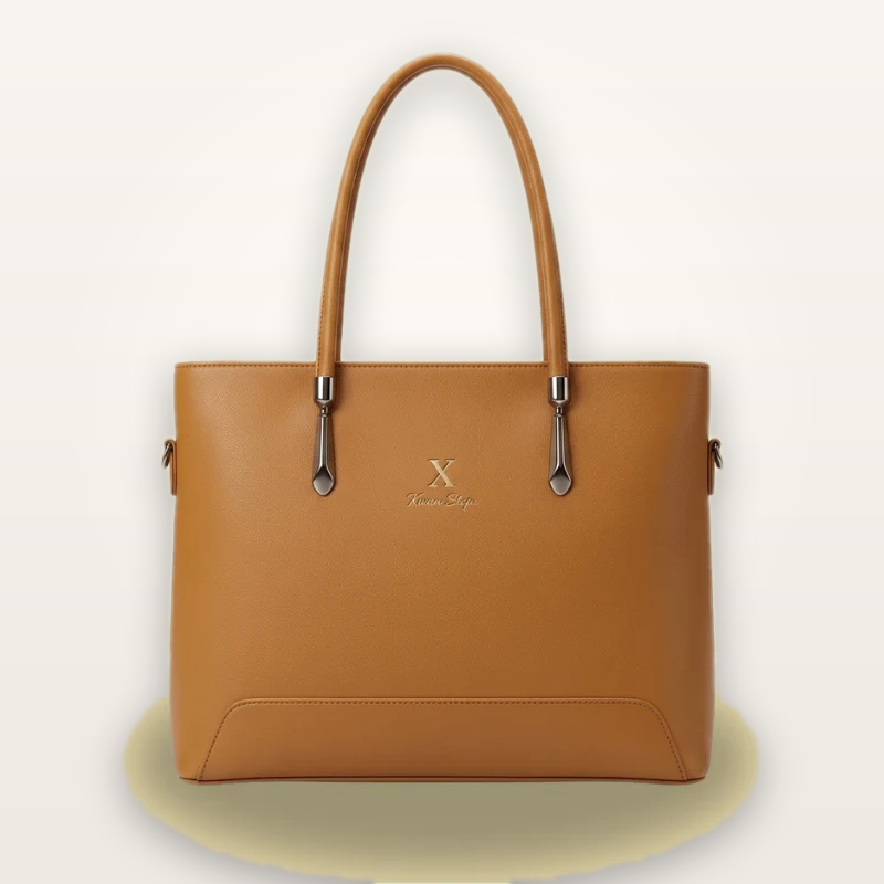 Brown handbag with a visible brand logo on a light gray background