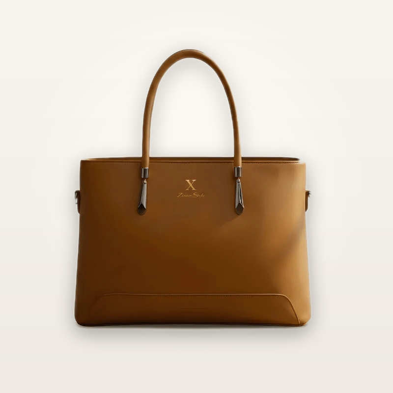 Brown handbag with a visible brand logo on a light gray background