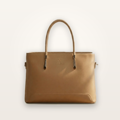 Tan leather handbag on a light gray background