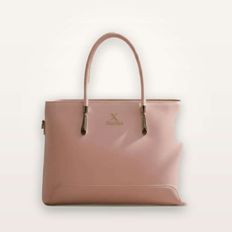 Pink handbag with a visible brand logo on a light gray background