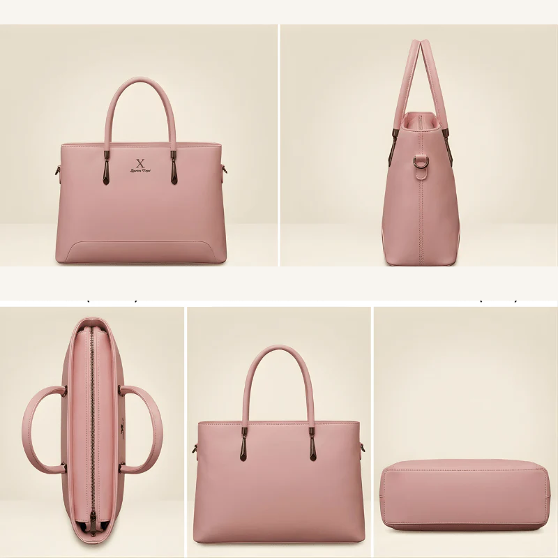 Collage of a pink handbag from multiple angles on a beige background