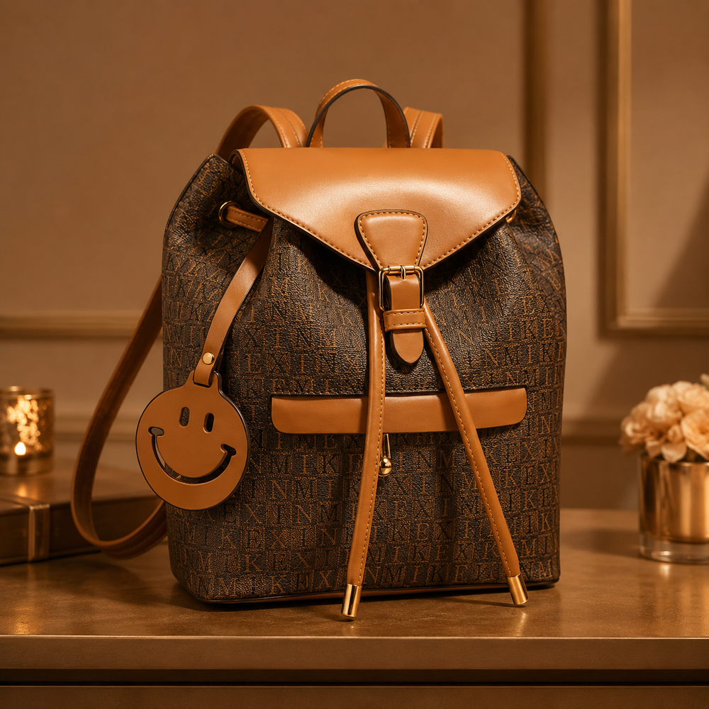 Brown patterned backpack with a smiley face tag on a wooden surface.